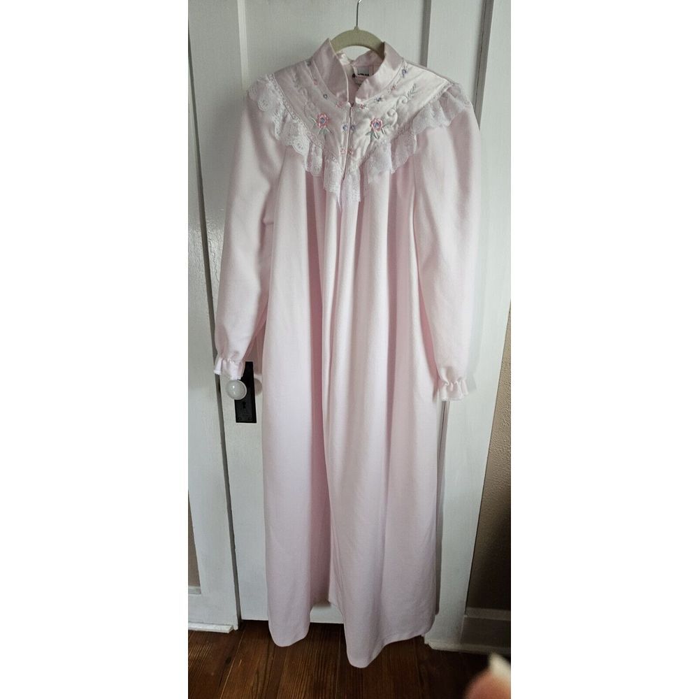 VTG Sears Apostrophe Nightgown robe Pink quilted Embroider Lace front Women M